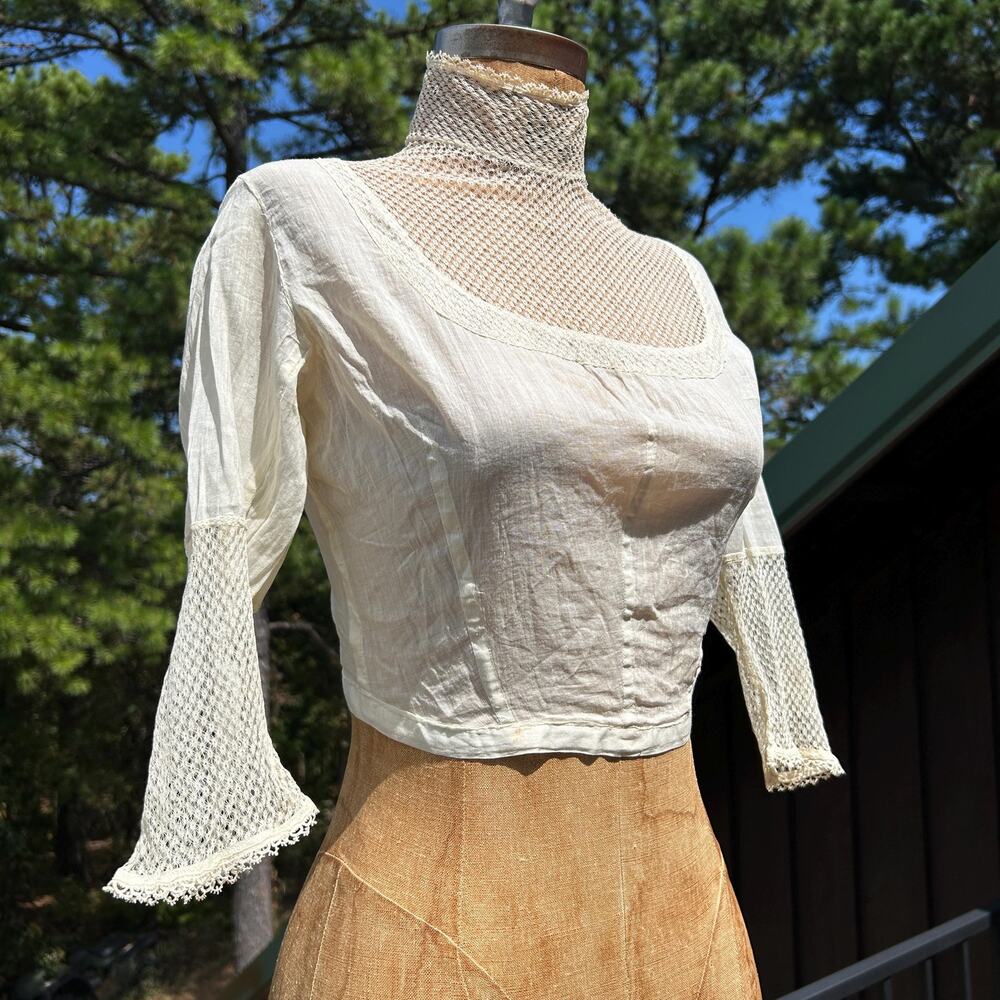 Vintage Antique Cotton + Mesh Net Lace High Neck Edwardian Victorian Bodice XXS